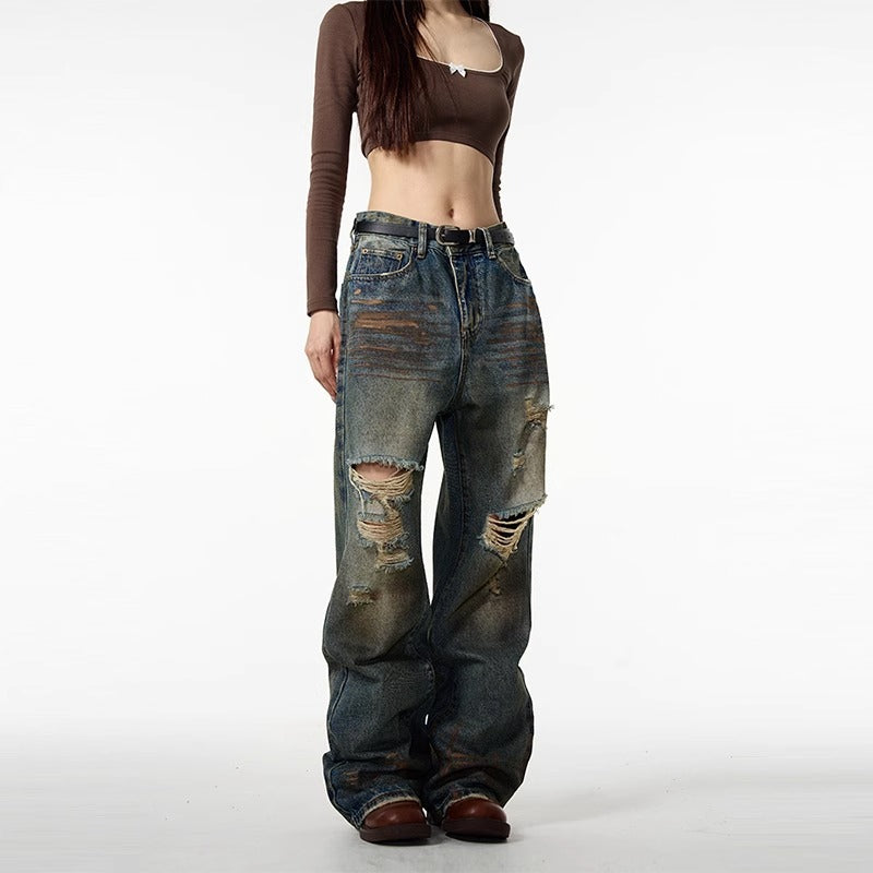 Street Retro Ripped Jeans Men Spring Autumn New Fashion Brand Cool Straight Loose Long Pants