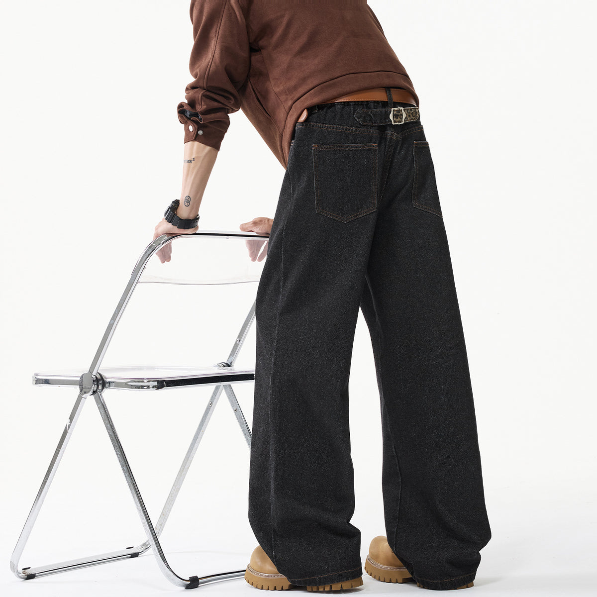 Leopard Print Vintage Raw Denim Paris Button Jeans for Men, Autumn Street Style Straight Loose Long Pants