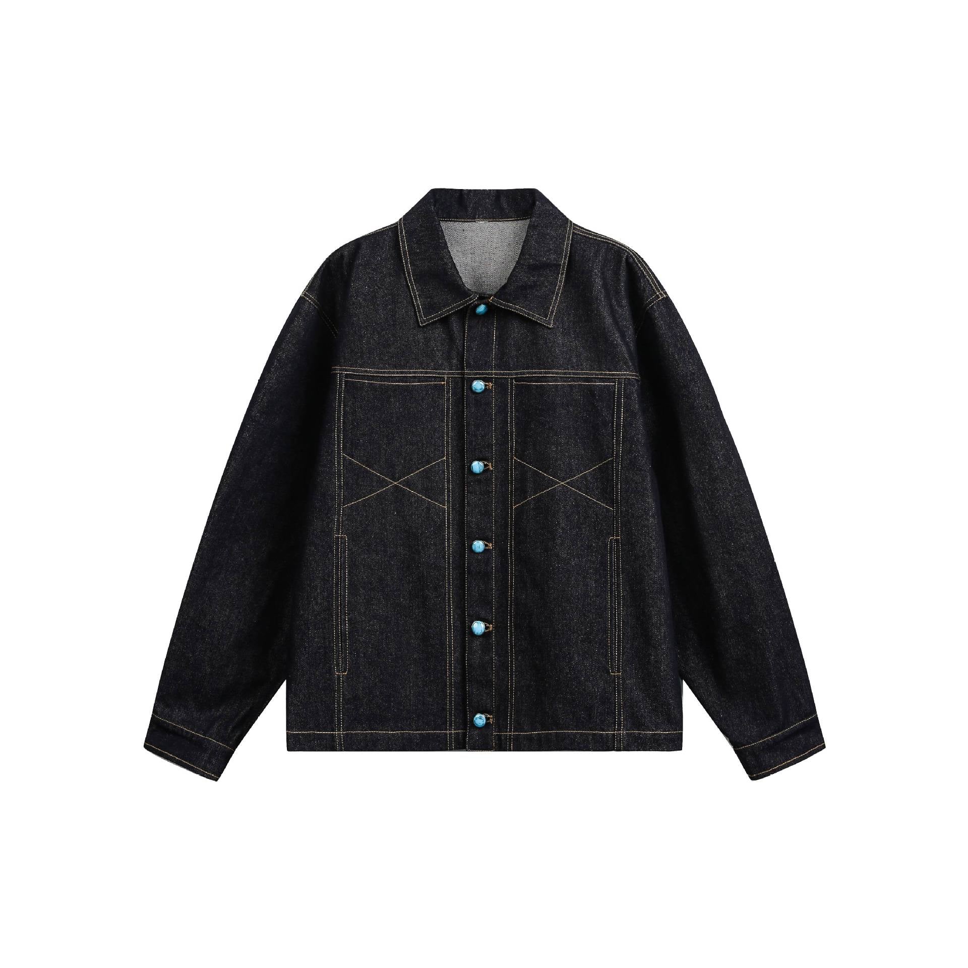 Turquoise Color-block Buttoned Loose Denim Jacket for Men