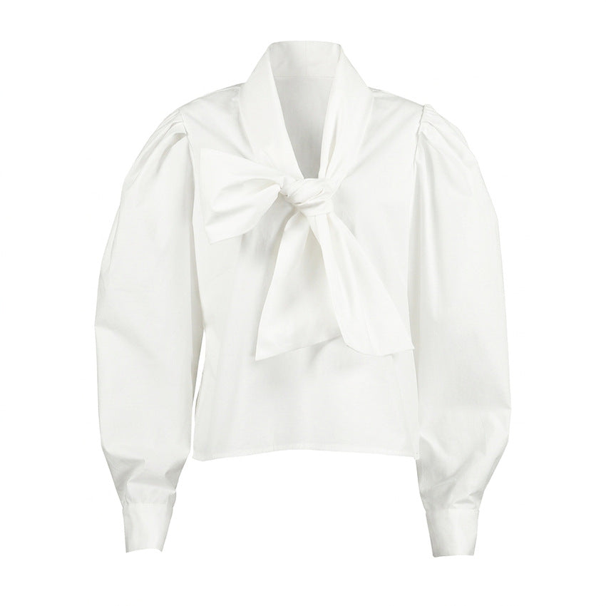Chic Cotton Tie-Bow Design Loose Casual Long Sleeve Shirt for Women