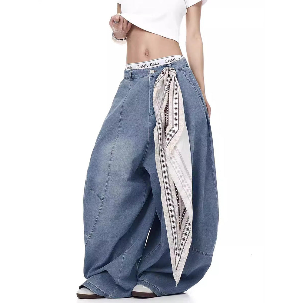 Vintage Scarf Deconstructed Oversized Blade Denim Pants for Men Jazz Dance Wide Leg Floor-Length Banana Trousers