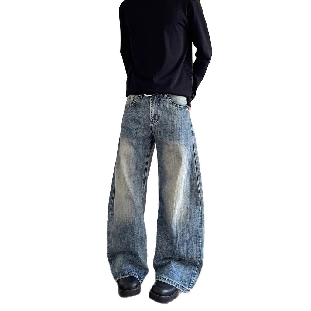 Street Cleanfit Distressed Slub Knife-Edge Jeans Men's Straight Leg Slight Flare Silhouette Design Long Pants