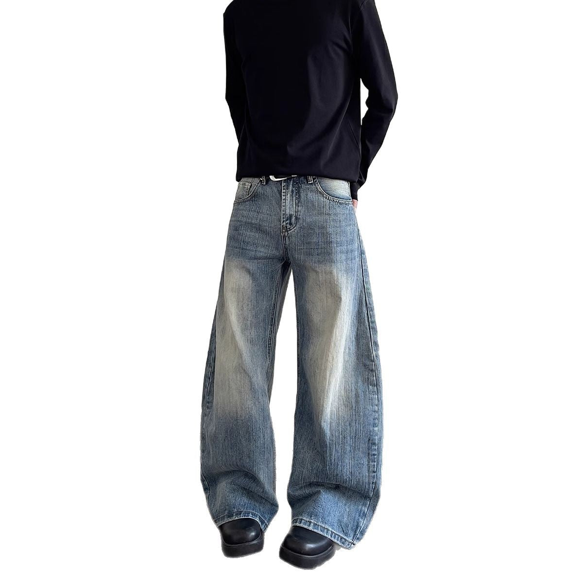 Street Cleanfit Distressed Slub Knife-Edge Jeans Men's Straight Leg Slight Flare Silhouette Design Long Pants