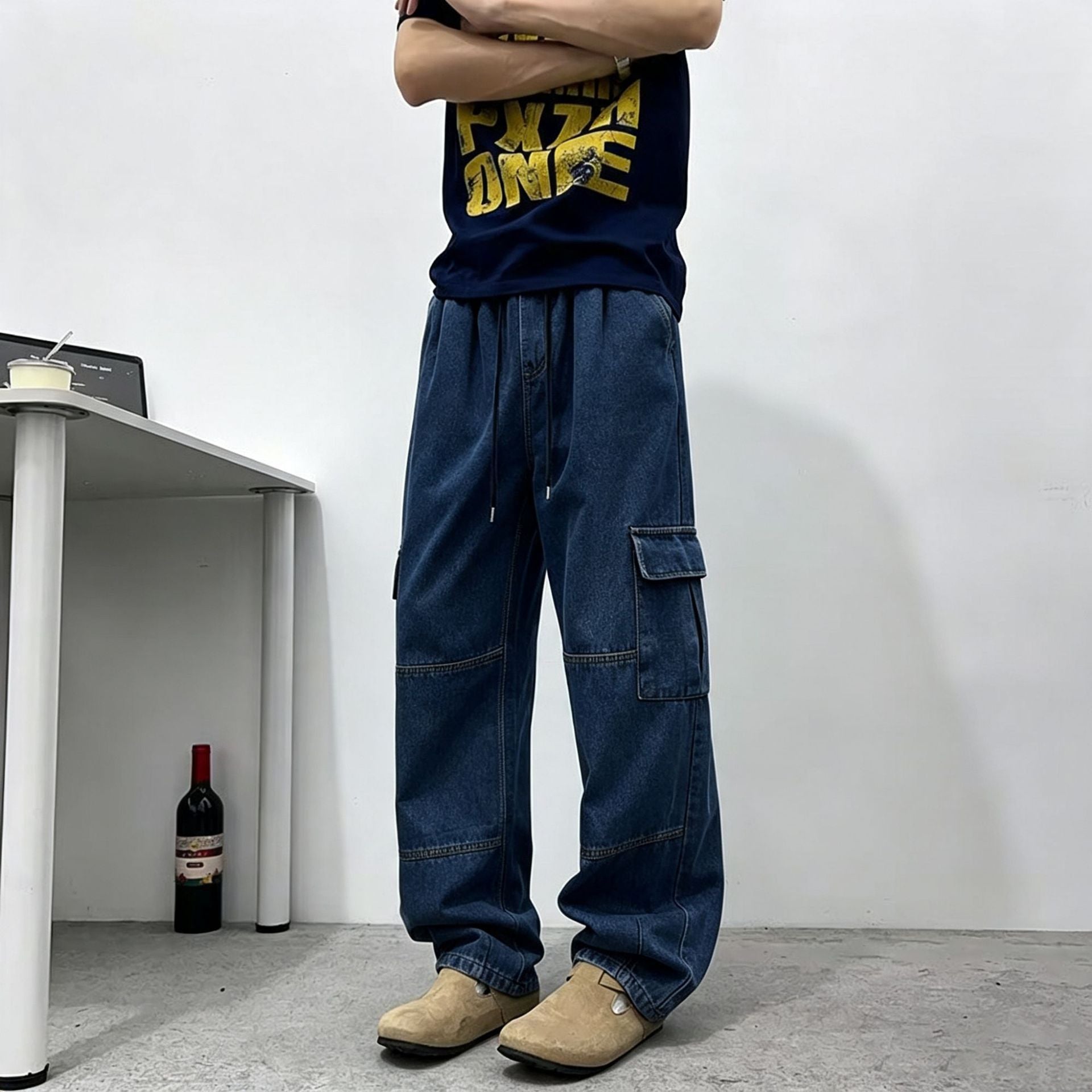 Casual Color-blocked Denim Pants for Men, Loose Fit, Multi-pocket, Fashionable, Versatile, Summer Style