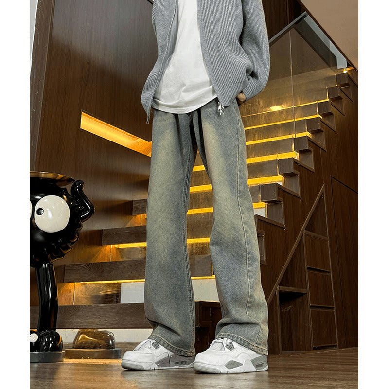 Retro Blue Slim Fit Straight Leg Jeans Men's High Street  Style Tapered Pants