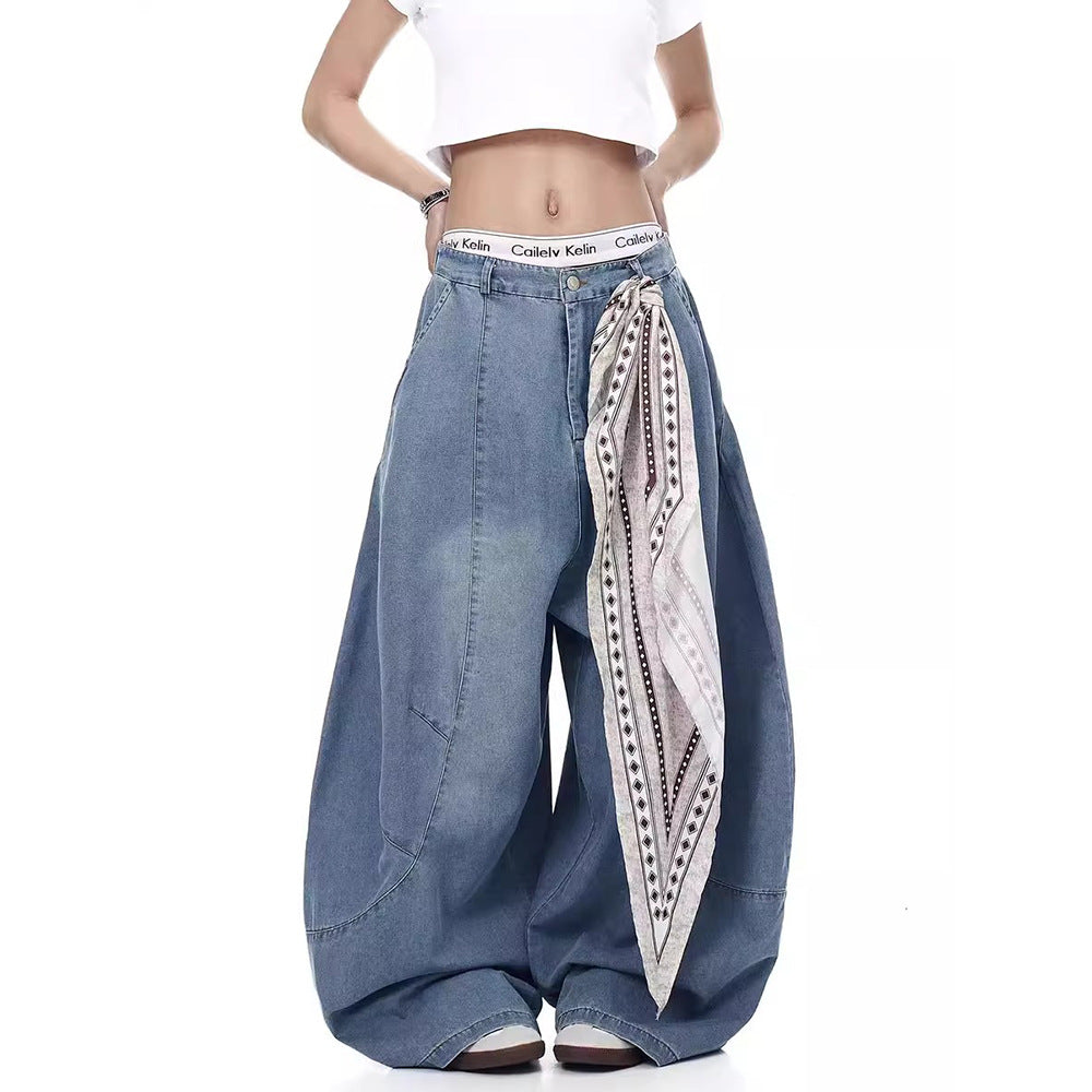Vintage Scarf Deconstructed Oversized Blade Denim Pants for Men Jazz Dance Wide Leg Floor-Length Banana Trousers