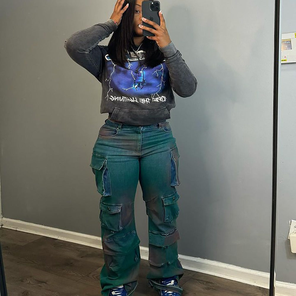 Fashionable Individuality Trendy Multi-Pocket Tie-Dye Jeans High Waist Straight Leg Pants