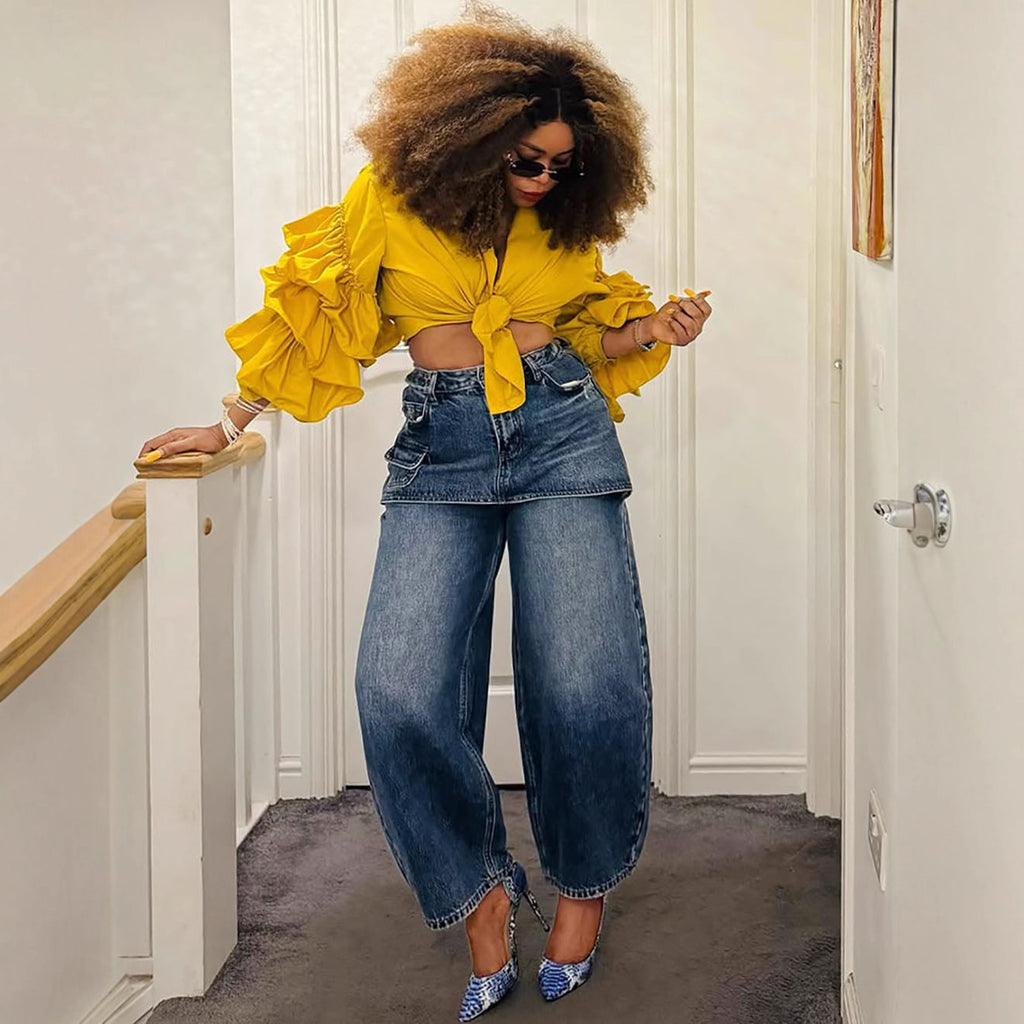 Women's fake skirt jeans women's fashion personality splicing high waist short skirt straight leg pants