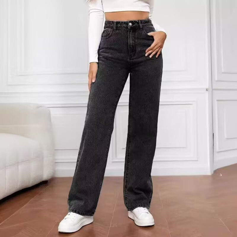 Chic Women's Fashionable Denim Pants Summer Casual Elegant Solid Color Long Trousers