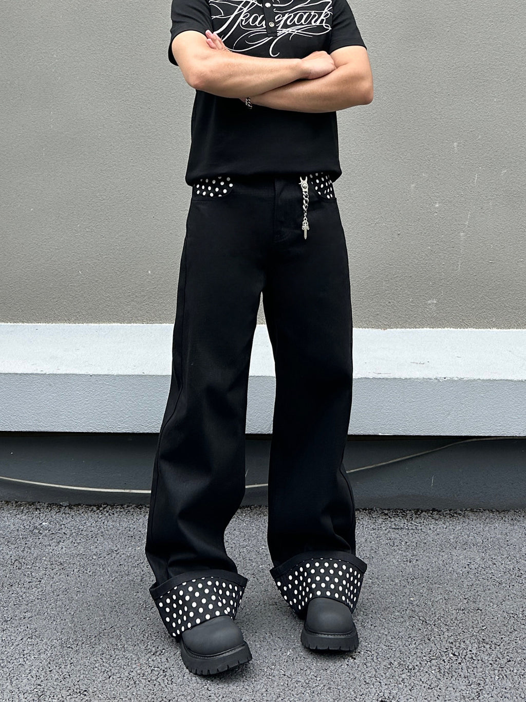 Fashion Cuffed Polka Dot Black Straight Leg Jeans Men's Light Asian Style Loose Slimming Clean Fit Pants