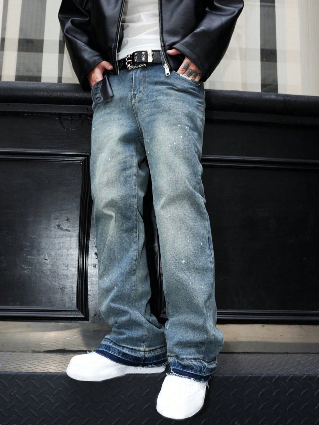 Retro Summer Washed Denim Pants for Men with Distressed Splatter Design, Fashionable Casual Trousers