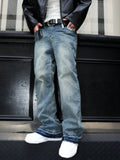 Retro Summer Washed Denim Pants for Men with Distressed Splatter Design, Fashionable Casual Trousers