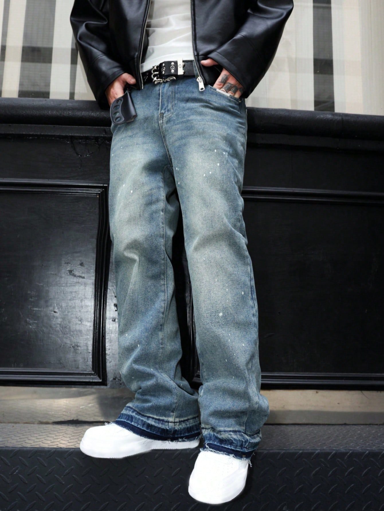 Retro Summer Washed Denim Pants for Men with Distressed Splatter Design, Fashionable Casual Trousers