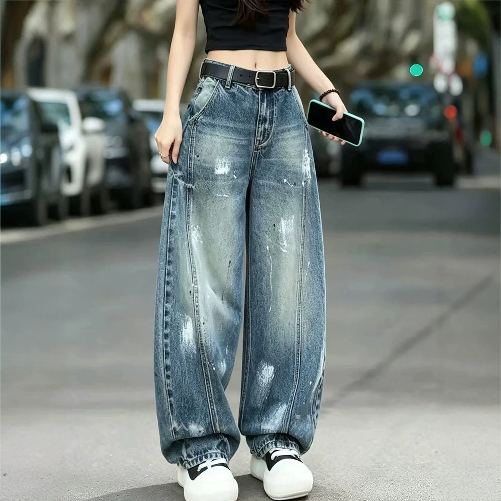 Graffiti Print Knife-Edge Denim Pants Women High Waist Slimming Design Loose Wide Leg Long Pants