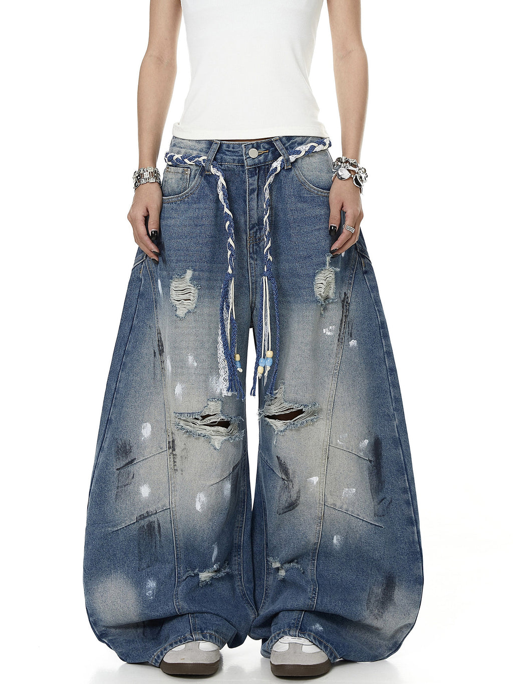 Street Style Distressed Printed Wide-Leg Jeans for Women with Tie Waist and Vintage Washed Effect