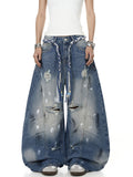 Street Style Distressed Printed Wide-Leg Jeans for Women with Tie Waist and Vintage Washed Effect