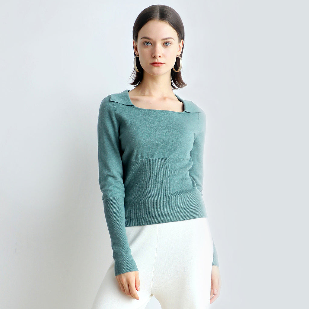 Square collar waist cinching slimming pullover top