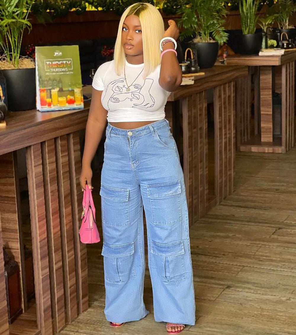 Women's Street Fashion Washed High-Waist Denim Pants with Large Pockets, Loose Casual Straight Leg Pants
