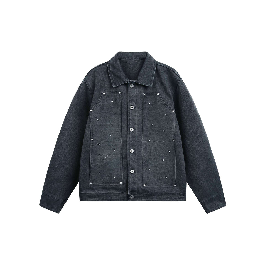 Washed Denim Jacket with Splatter Paint and Studs, Turn-Down Collar Design