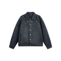 Washed Denim Jacket with Splatter Paint and Studs, Turn-Down Collar Design