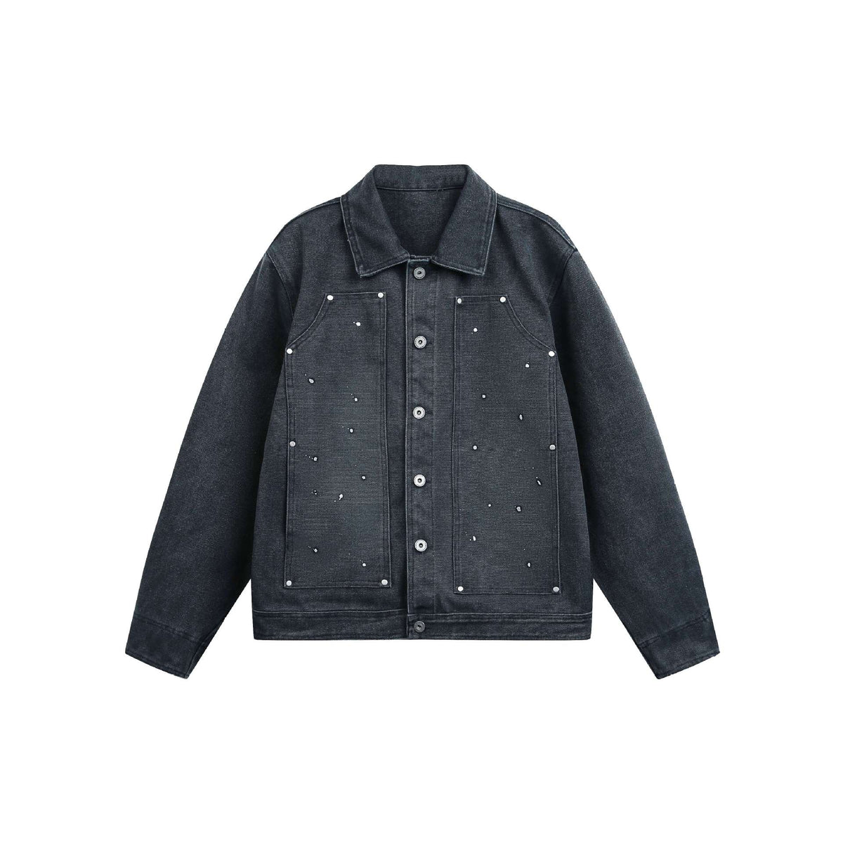 Washed Denim Jacket with Splatter Paint and Studs, Turn-Down Collar Design