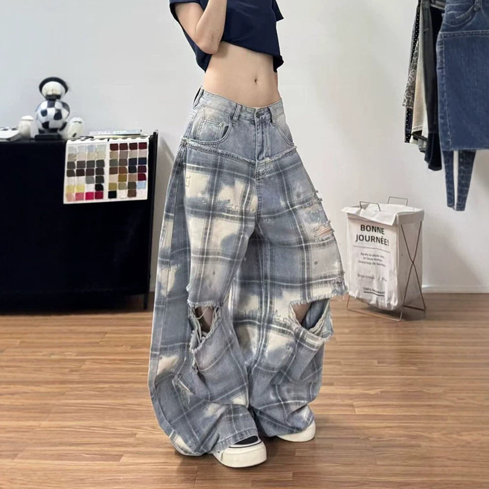 High Street Retro Edgy Distressed Patchwork Washed Denim Pants for Women Summer Wide Leg Oversized Trousers