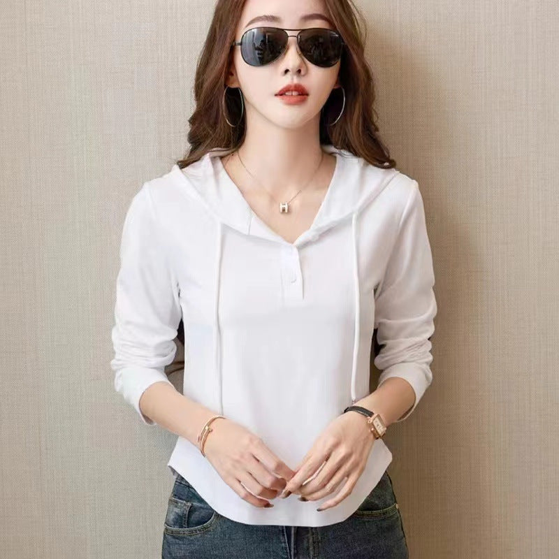 Hooded Long Sleeve Lightweight T-Shirt for Women, Fashionable Minimalist Solid Color Inner Layer Top