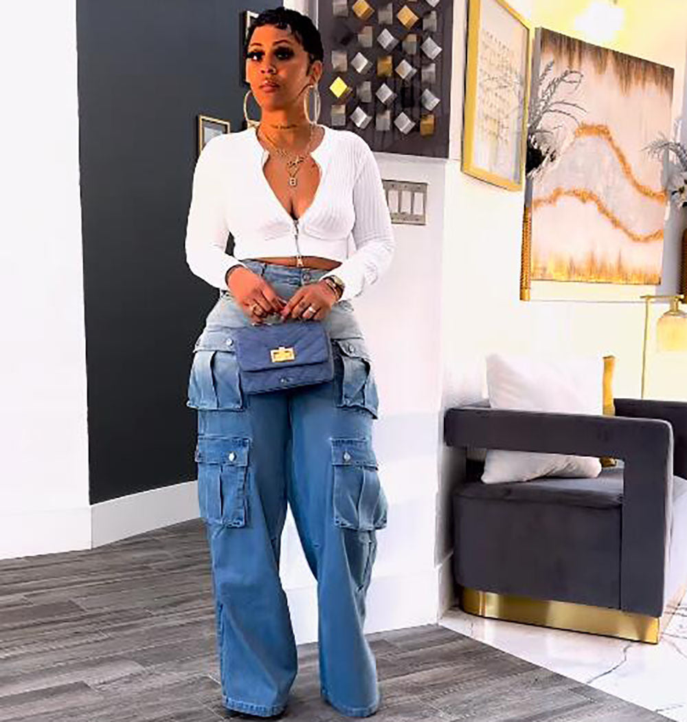 Jeans for women, high-waisted wide-leg pants with multiple pockets and gradient color