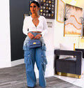 Jeans for women, high-waisted wide-leg pants with multiple pockets and gradient color
