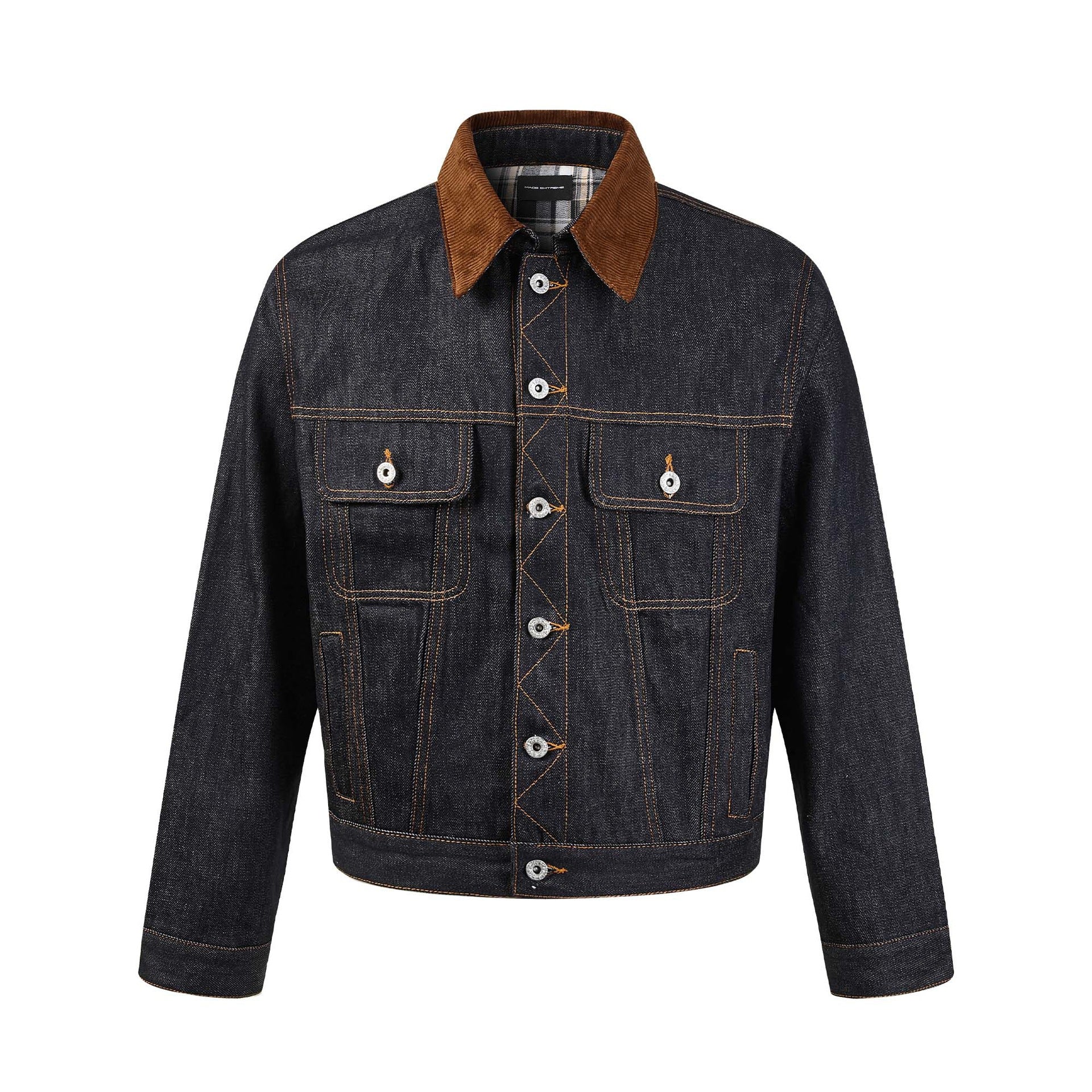 Corduroy Lapel Spliced Plaid Lining Denim Jacket