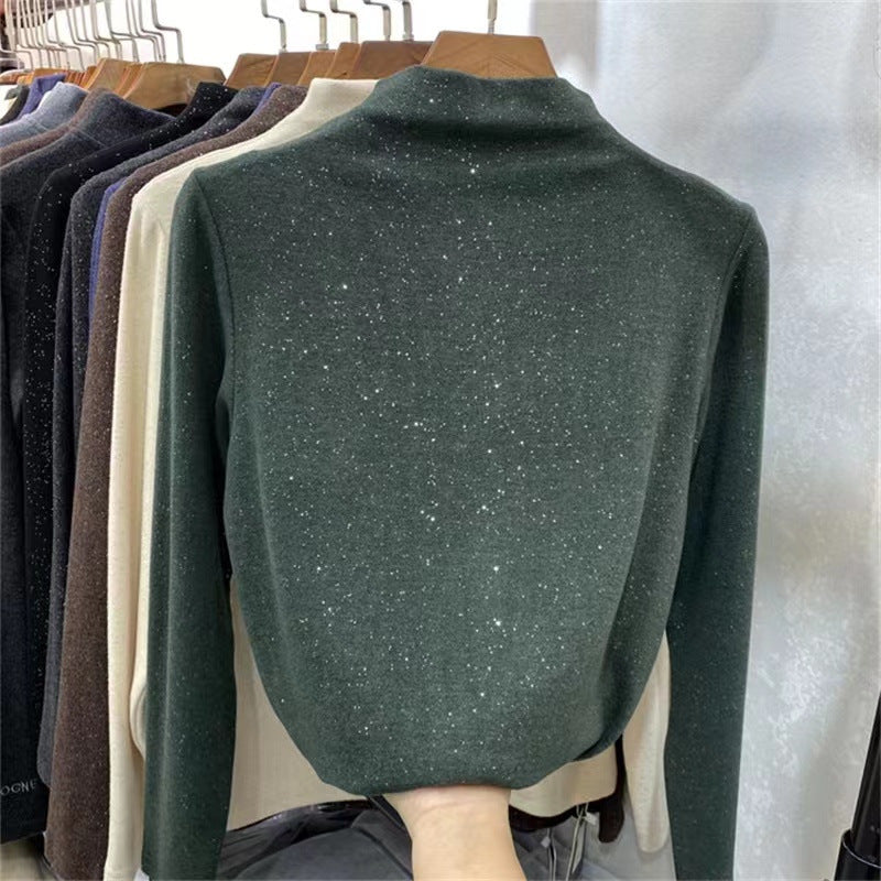 Neck undershirt for women, fleece-lined brushed long sleeve T-shirt, warm inner layer top, fashion style