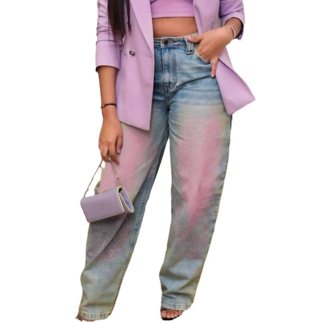 Fashion Trendy Washed Denim Straight Leg Jeans