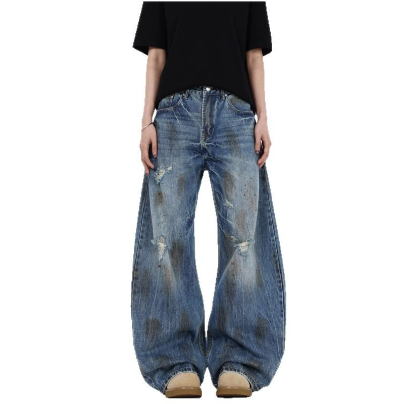 Street Style Lightning Crack Distressed Ripped Knife-Edge Denim Pants for Men, Wide Leg Loose Fit, Scythe Cut Casual Trousers