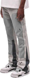 Workwear Denim Pants Men Straight Leg Layered Patchwork Stylish Casual Jeans