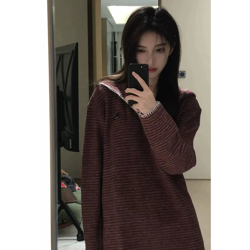 striped hoodie for women, loose fit, vintage thin long sleeve T-shirt
