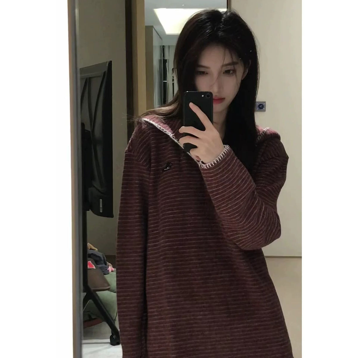striped hoodie for women, loose fit, vintage thin long sleeve T-shirt
