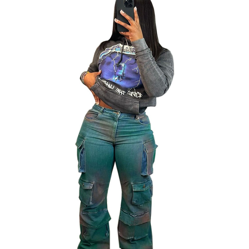 Fashionable Individuality Trendy Multi-Pocket Tie-Dye Jeans High Waist Straight Leg Pants