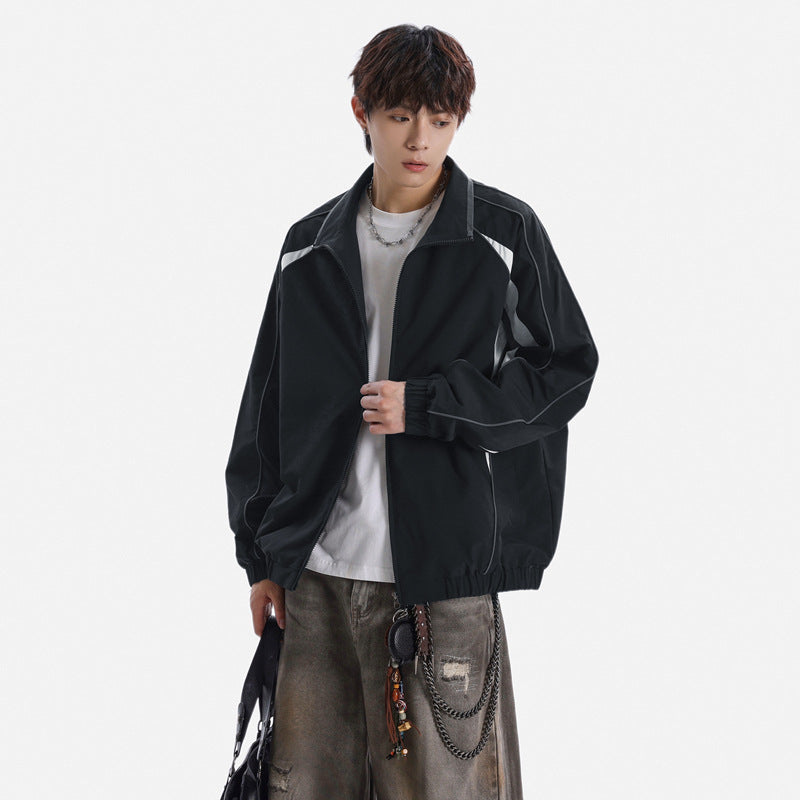 Retro Streetwear Patchwork Stand Collar Sports Jacket for Men and Women, Autumn Loose Fit Couple's Versatile Casual Water-Repellent Jacket