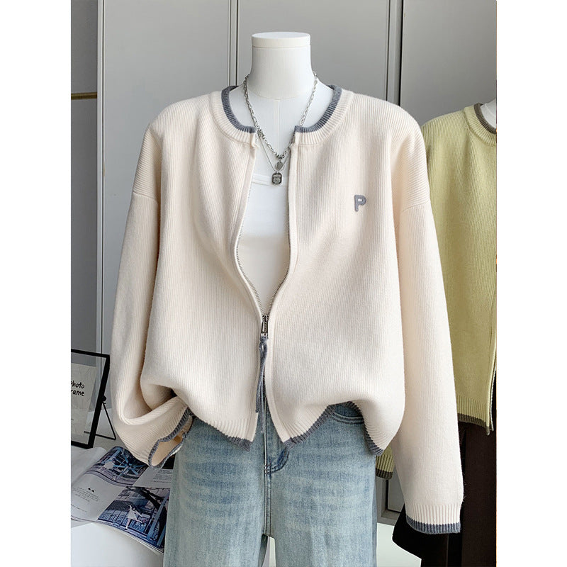 Chic Loose Double-Zip Short Knit Cardigan for Women, Pure Color Letter Embroidery Sweater Coat, Autumn Spring New Style