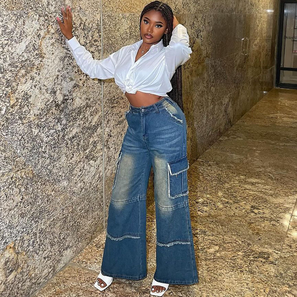 Straight-leg denim pants for women high-waisted wide-leg retro washed stylefashion casual jeans