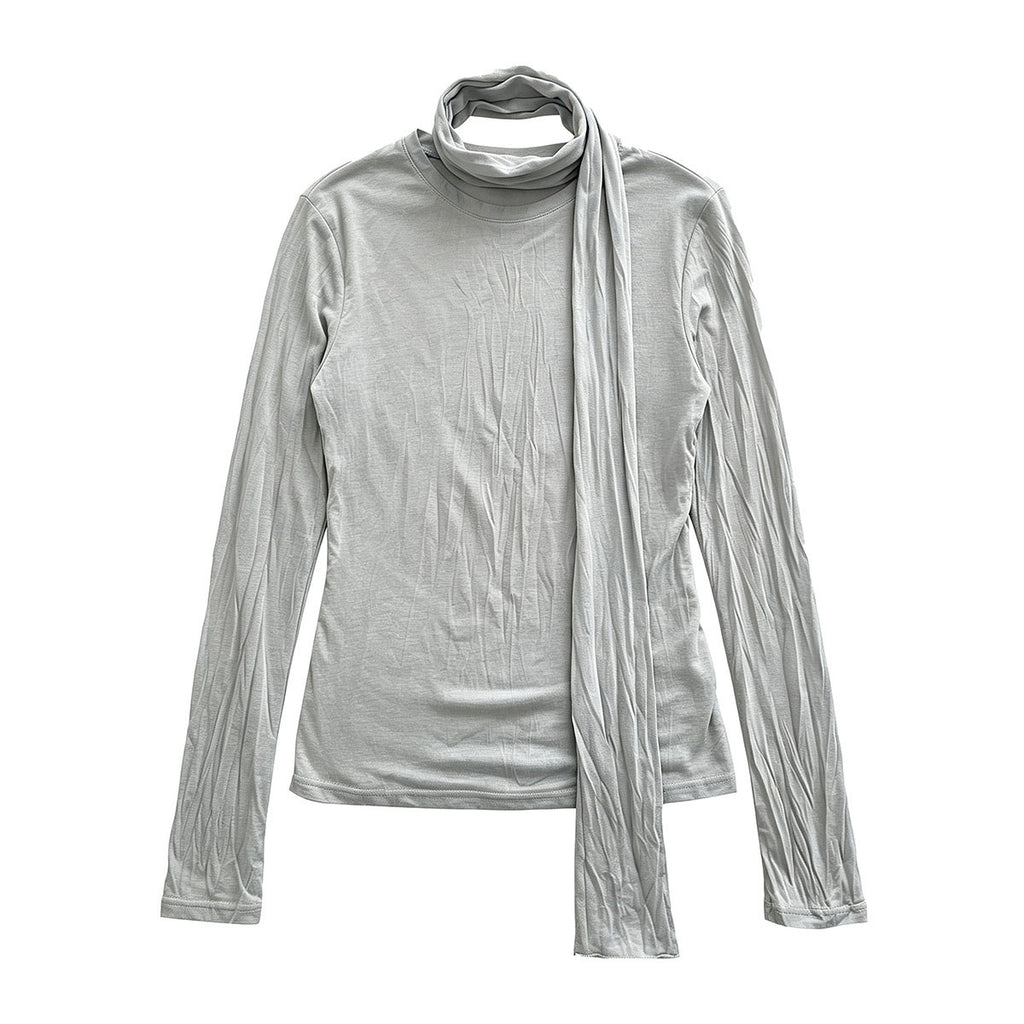 Soft long-sleeve T-shirt for women, autumn new style, slimming pleated TENCEL blend undershirt with scarf pairing