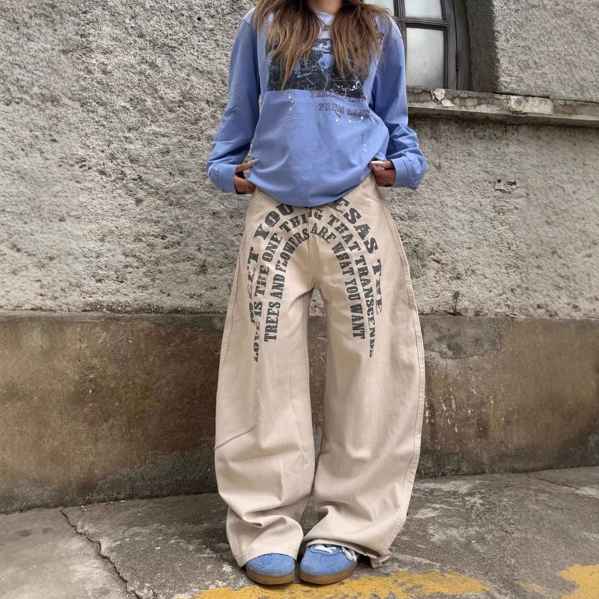 Casual  Street Style Printed Letter Loose Wide-Leg Denim Pants for Men and Women