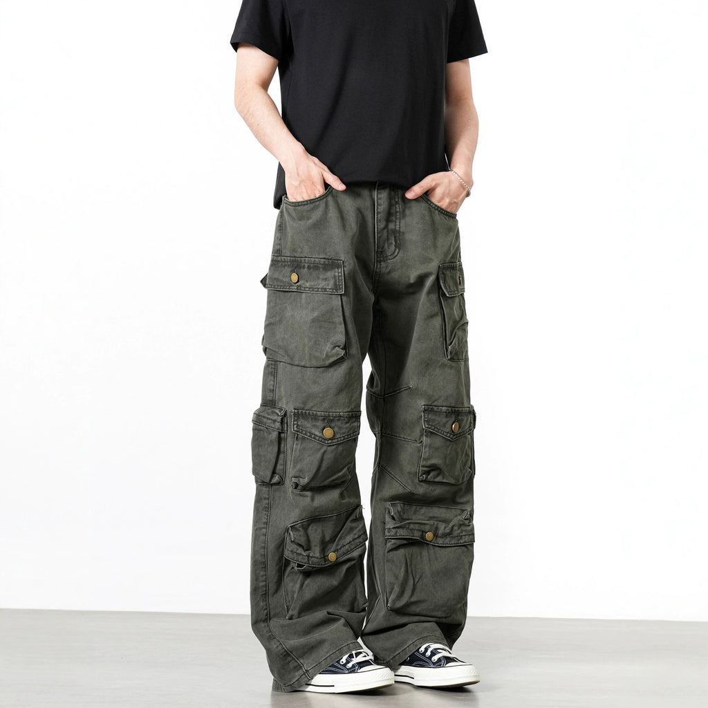 Heavy design sense, multi pocket workwear, straight leg long jeans, street style, loose and versatile casual wide leg pants