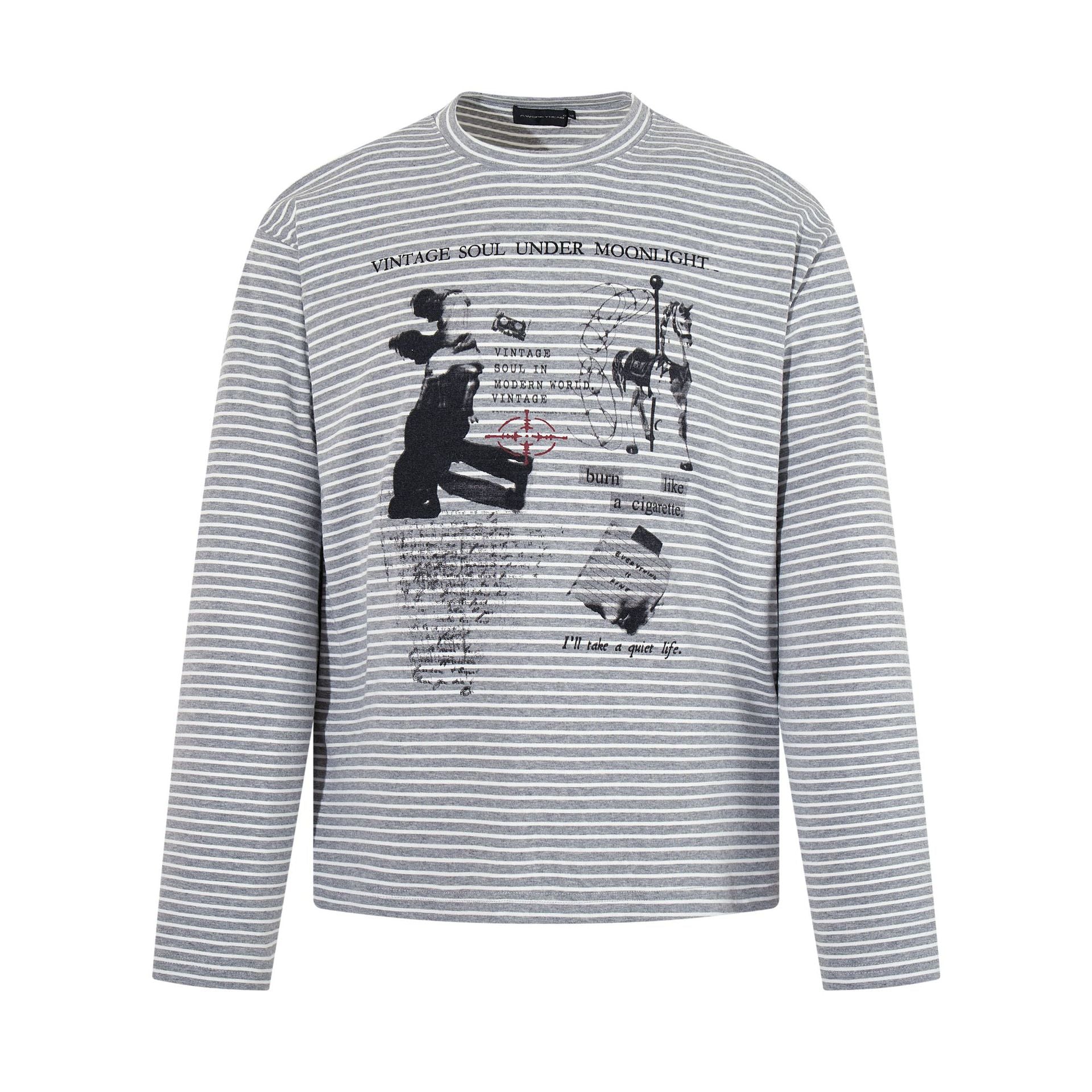Retro portrait printed striped long sleeved T-shirt