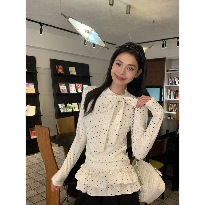 Chiffon Polka Dot Tie-Front Ruffle Inner Top for Women