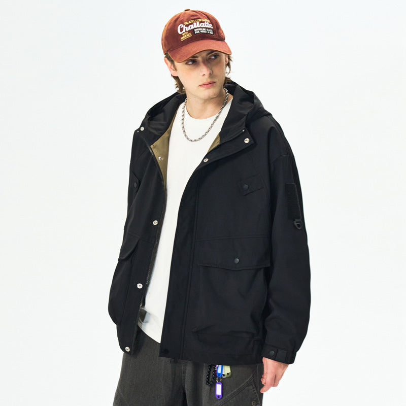 Casual Hooded Workwear Jacket for Men, Loose Fit, Spring and Autumn Fashion Style