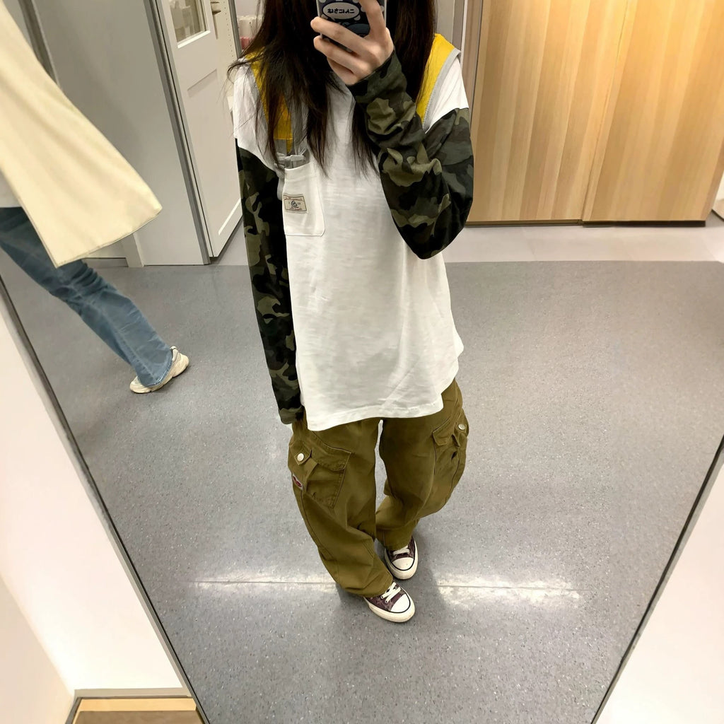 Retro Camouflage Patchwork Color-Blocked Asymmetrical Shoulder Loose Long Sleeve Top