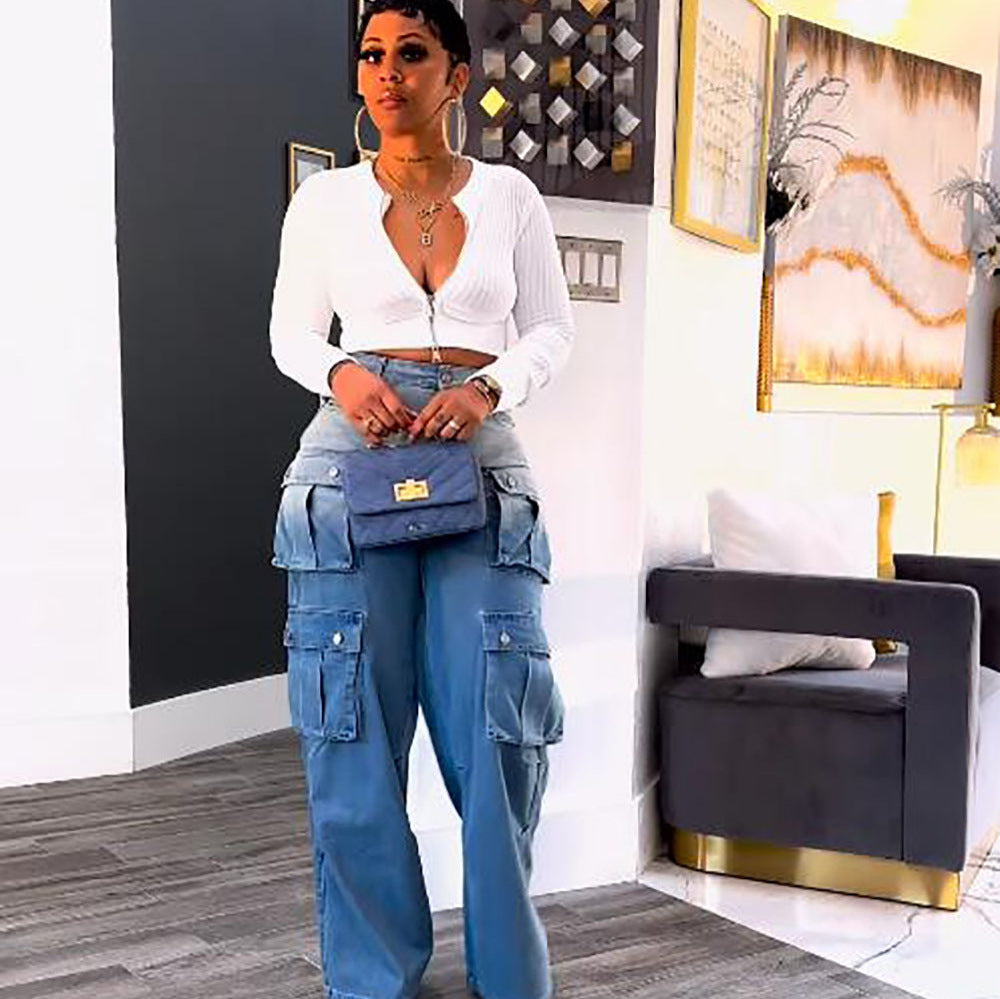 Jeans for women, high-waisted wide-leg pants with multiple pockets and gradient color