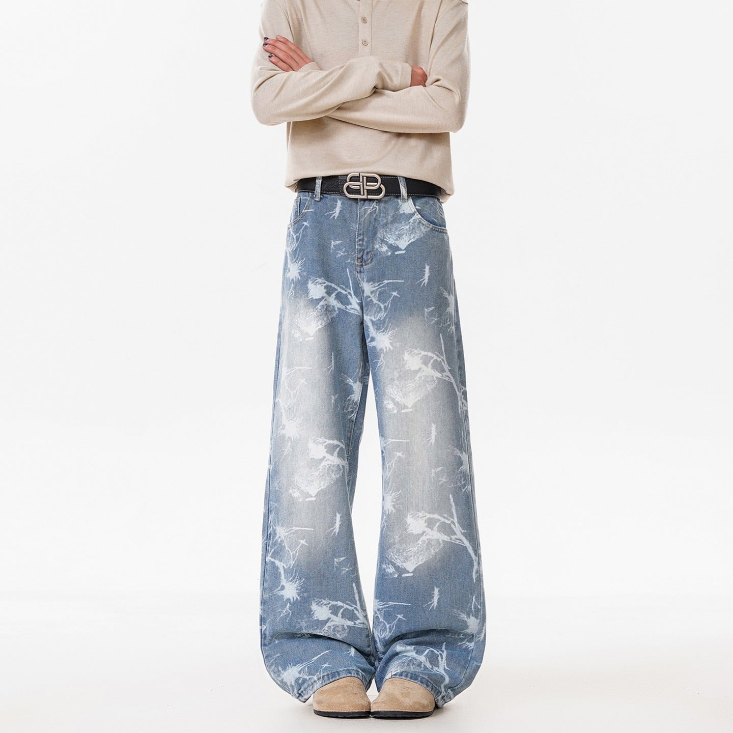 Deep Blue Denim Pants Men's Streetwear Style Flared Knife Cut Trousers