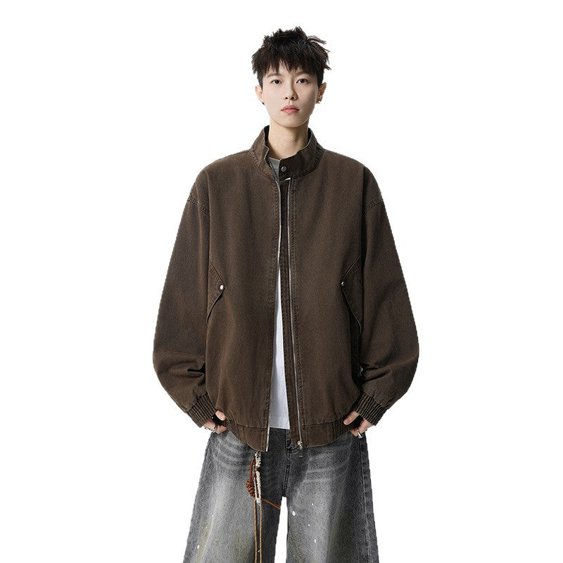 Men's Vintage Workwear Long Sleeve Cotton Striped Texture Stand Collar Jacket